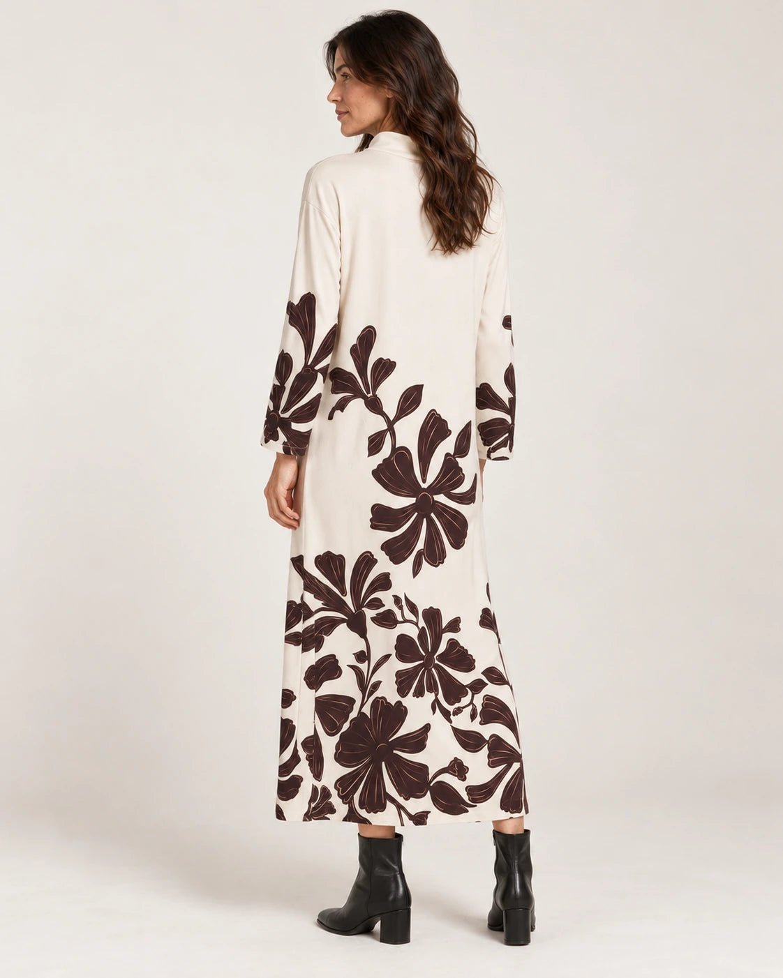 Abito a collo alto fantasia frill marrone, vista posteriore - MADAME VENICE - FW25 - AGNESE - ECOVERO PRINT #Colore_Frill brown