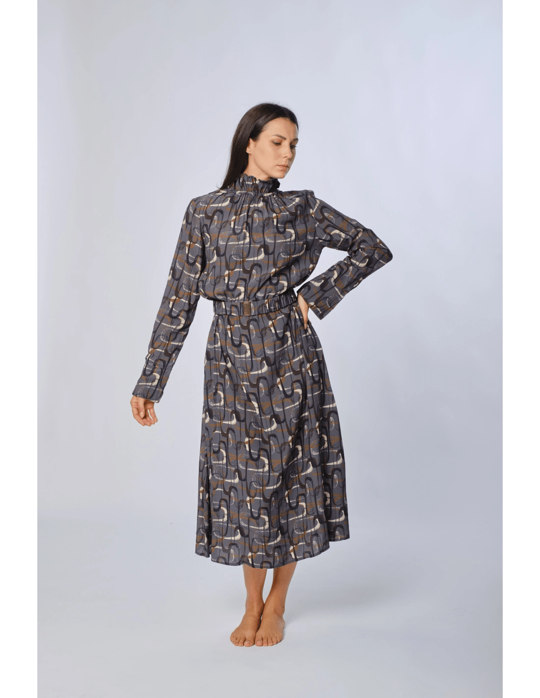 Abito collo arricciato fantasia - MADAME VENICE - FW24 - A06 - LOLY PRINT - GREY - XS