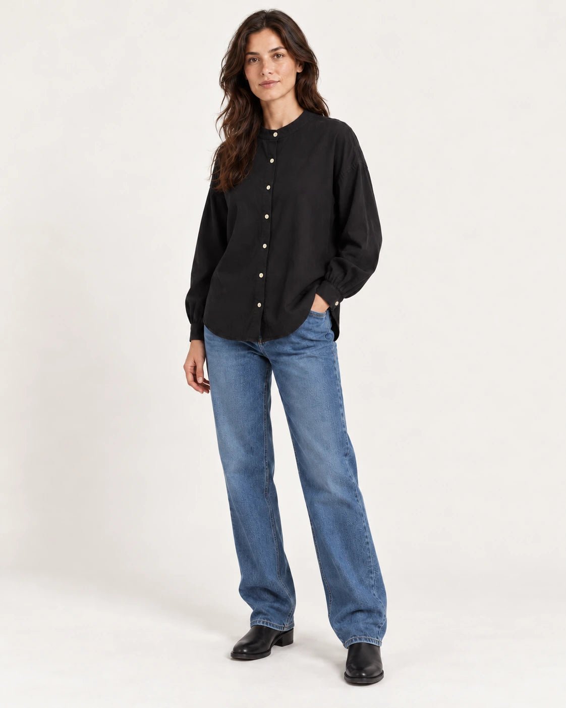 Camicia coreana nero, vista frontale - MADAME VENICE - FW25 - CHARLOTTE - COTTON BIO #Colore_Black