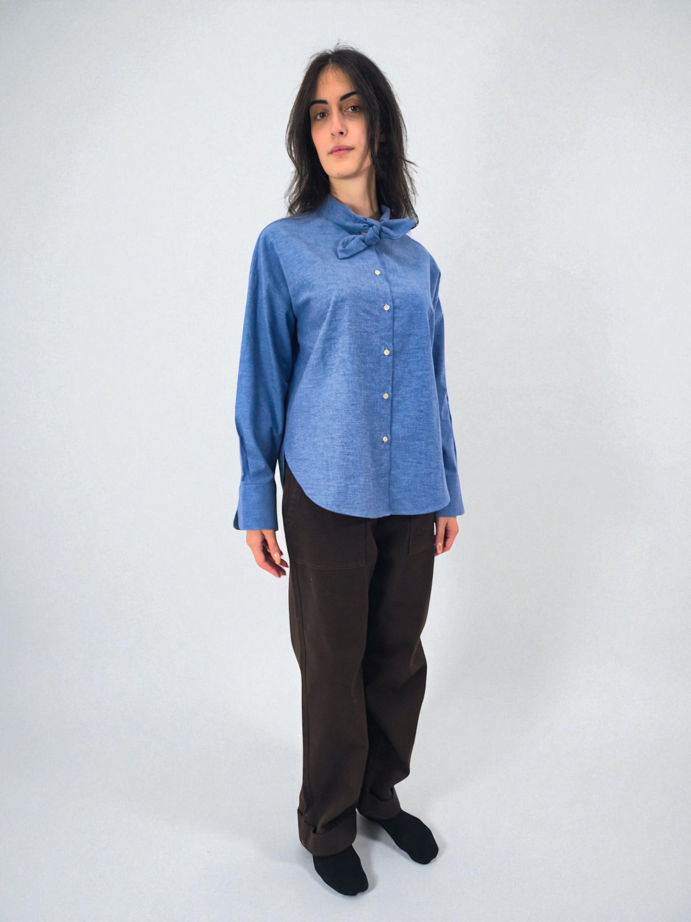 Camicia fiocco - MADAME VENICE - FW25 - CELIA - TWILL MELANGE - BLUE - XS