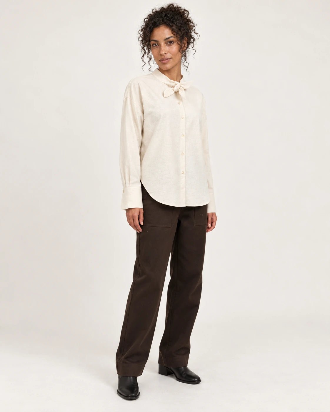 Camicia fiocco naturale, vista frontale - MADAME VENICE - FW25 - CELIA - TWILL MELANGE #Colore_Natural