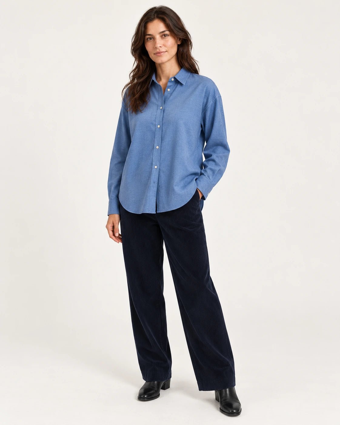Camicia over blu, vista frontale - MADAME VENICE - FW25 - CAROLA - TWILL MELANGE #Colore_Blue