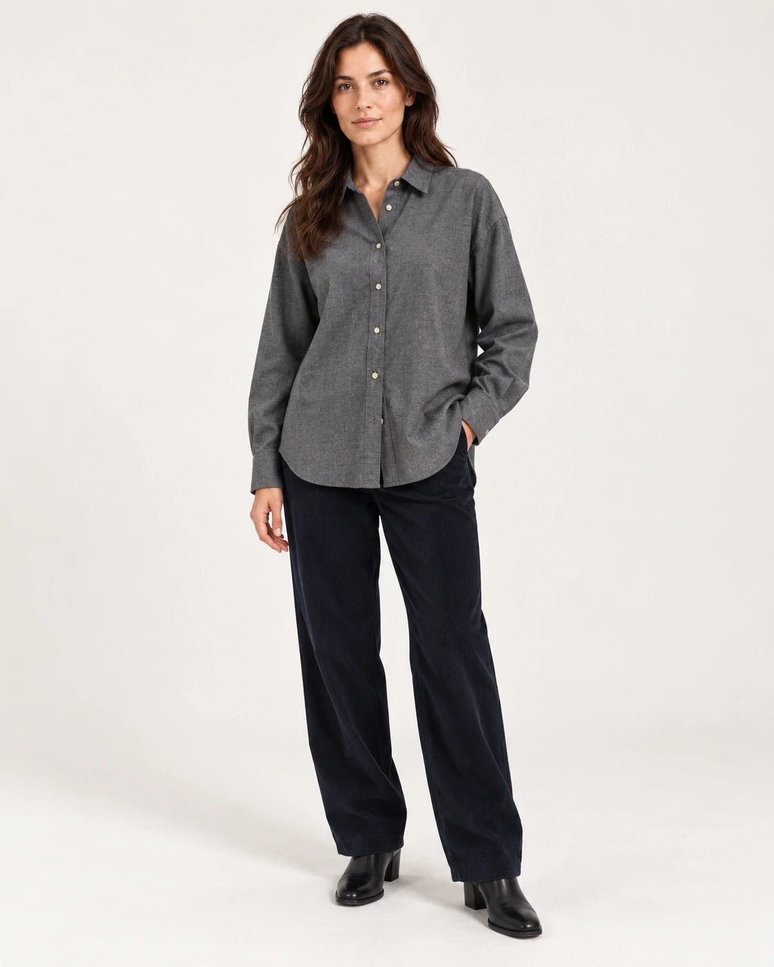 Camicia over grigio, vista frontale - MADAME VENICE - FW25 - CAROLA - TWILL MELANGE #Colore_Grey