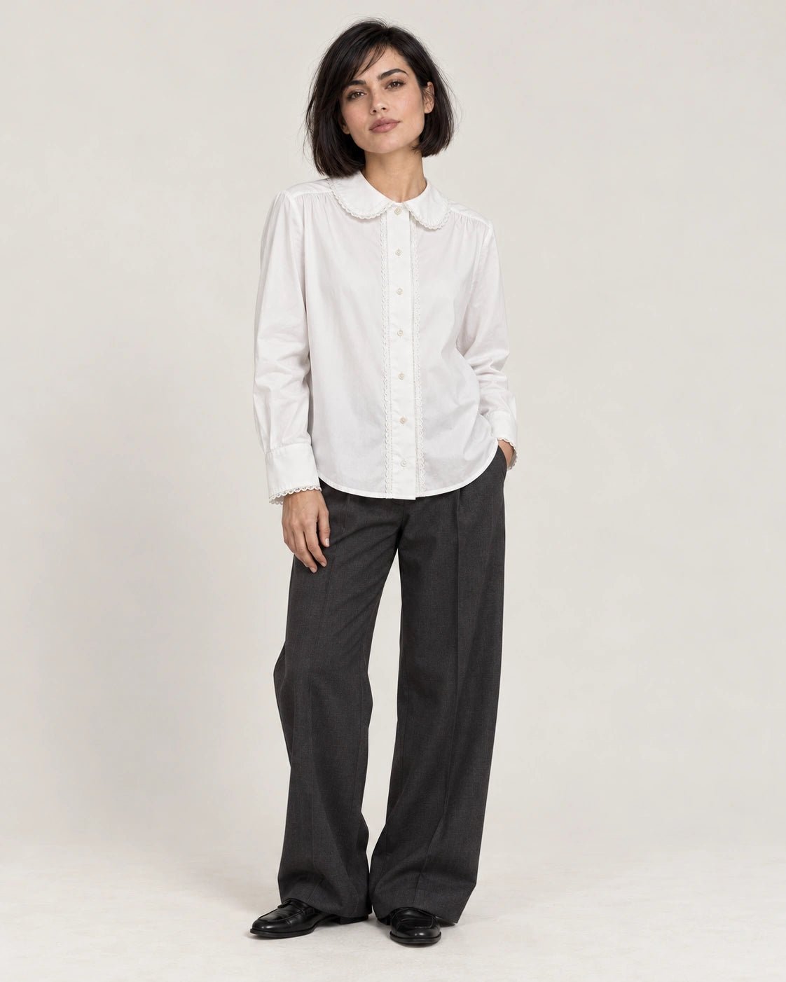 Camicia pizzo bianco, vista frontale - MADAME VENICE - FW26 - CRISTIANA - POPELINE #Colore_Bianco