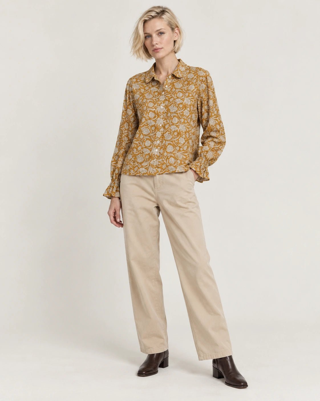 Camicia rever senape, vista frontale - MADAME VENICE - FW26 - CHANTAL - PORTOGALLO FIORI #Colore_Senape