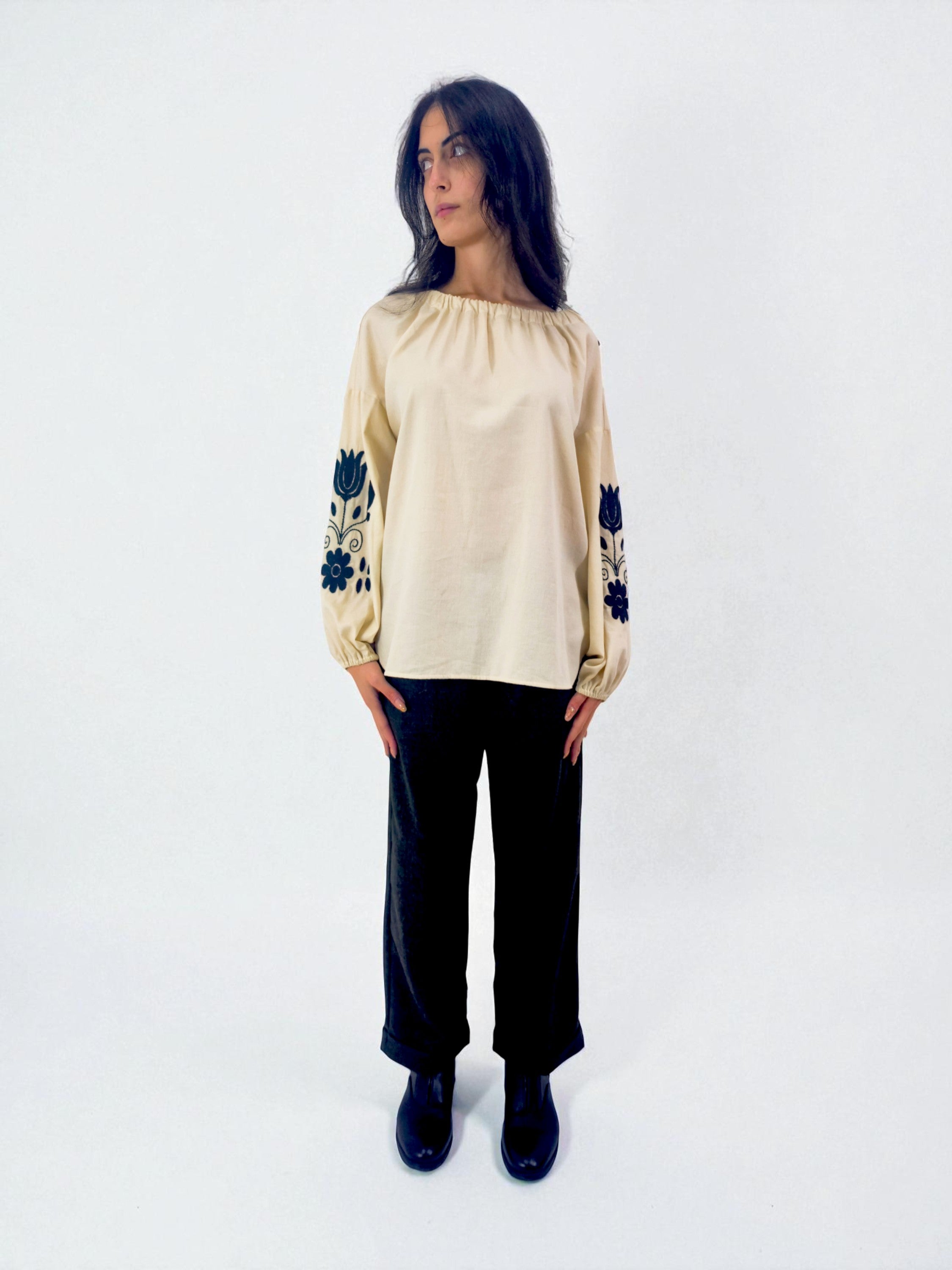 Camicia ricamo manica - MADAME VENICE - FW25 - CRISTINA - COTTON BIO - BLACK - XS