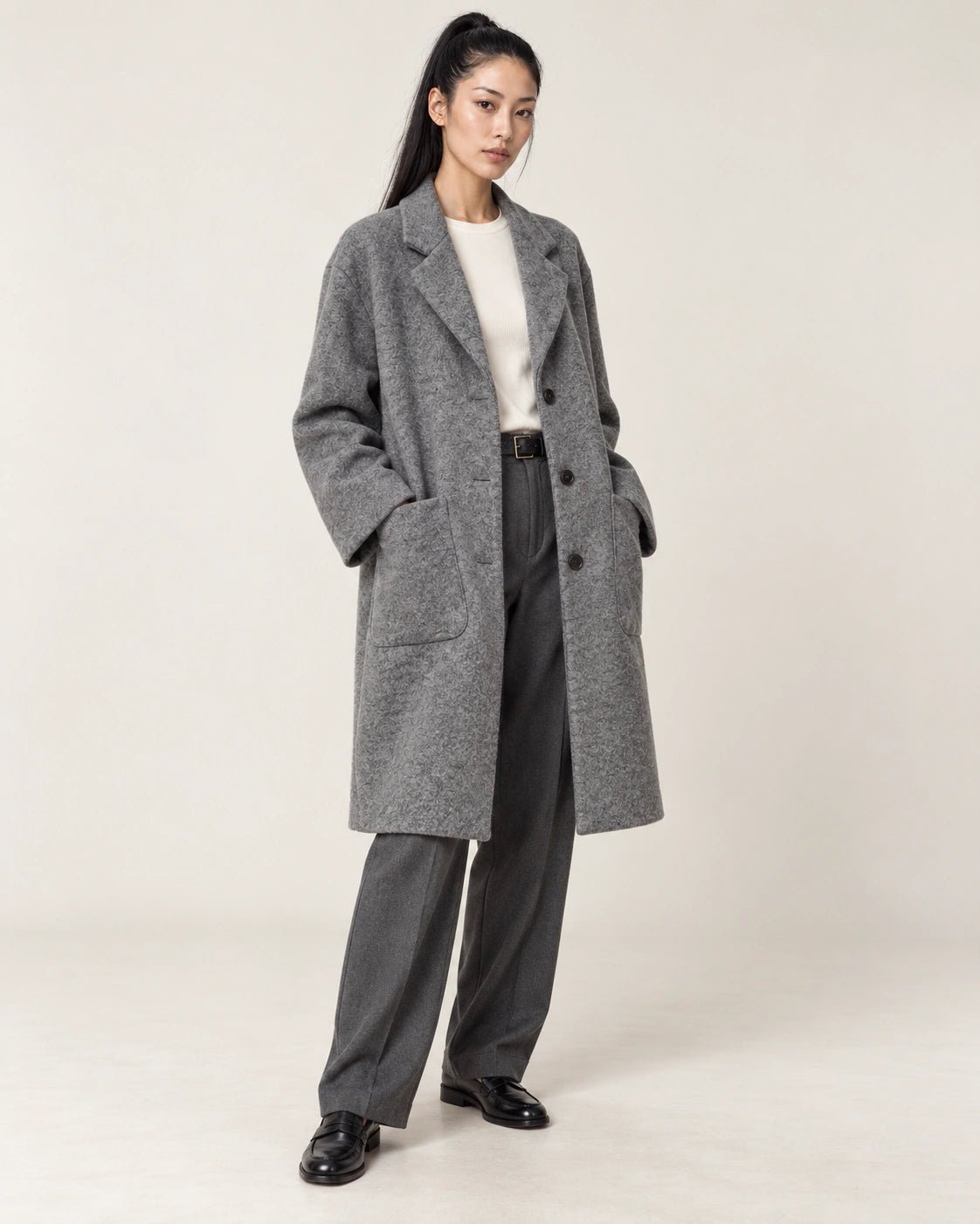 Cappotto foderato grigio, vista frontale - MADAME VENICE - FW26 - GEMMA - LANA VERGINE #Colore_Grigio
