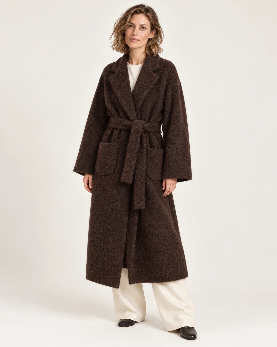 Cappotto over foderato marrone, vista frontale - MADAME VENICE - FW25 - GIORGINA - WOOL BRUSH #Colore_Brown