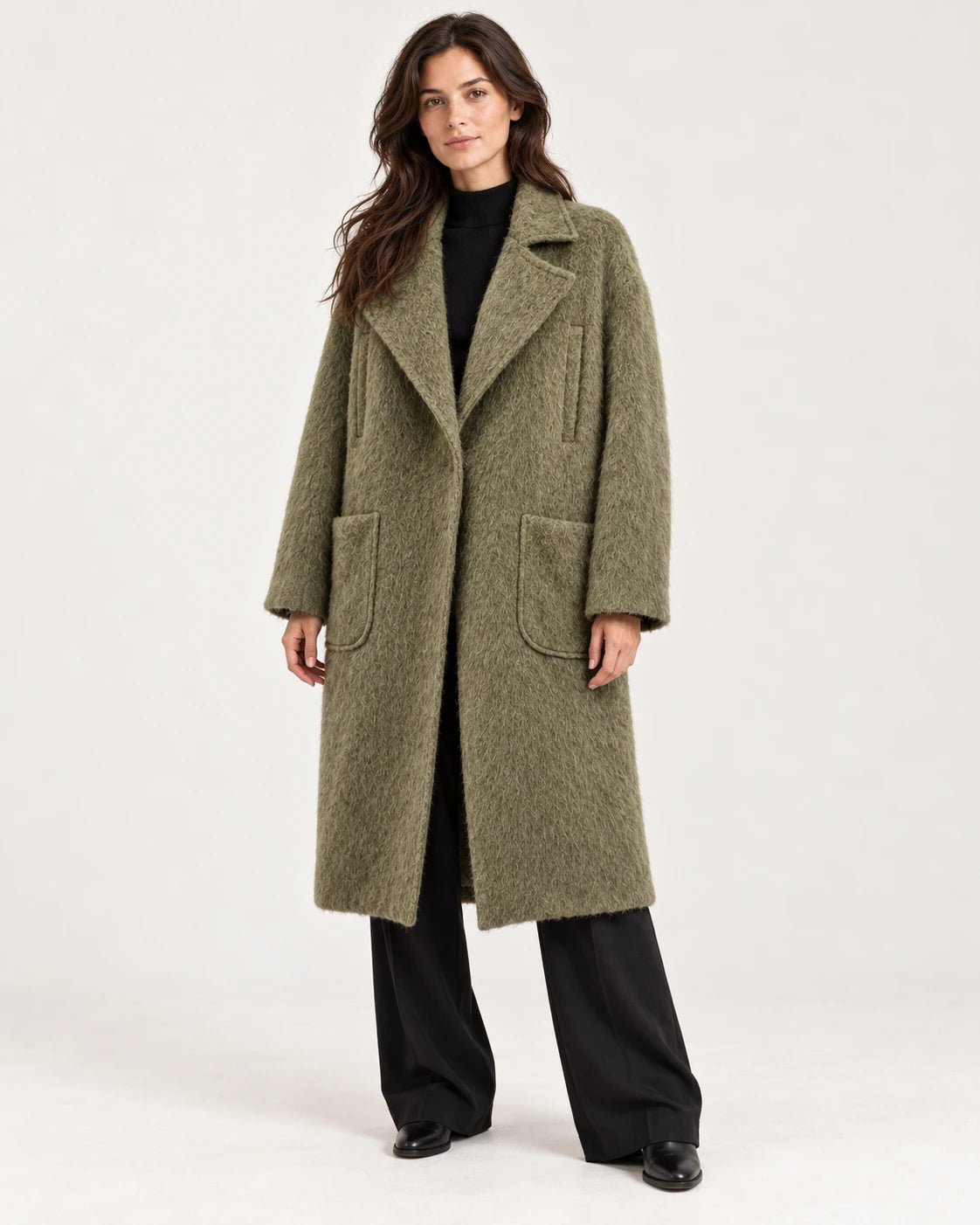 Cappotto foderato oliva, vista frontale - MADAME VENICE - FW25 - GENNY - WOOL BRUSH #Colore_Olive