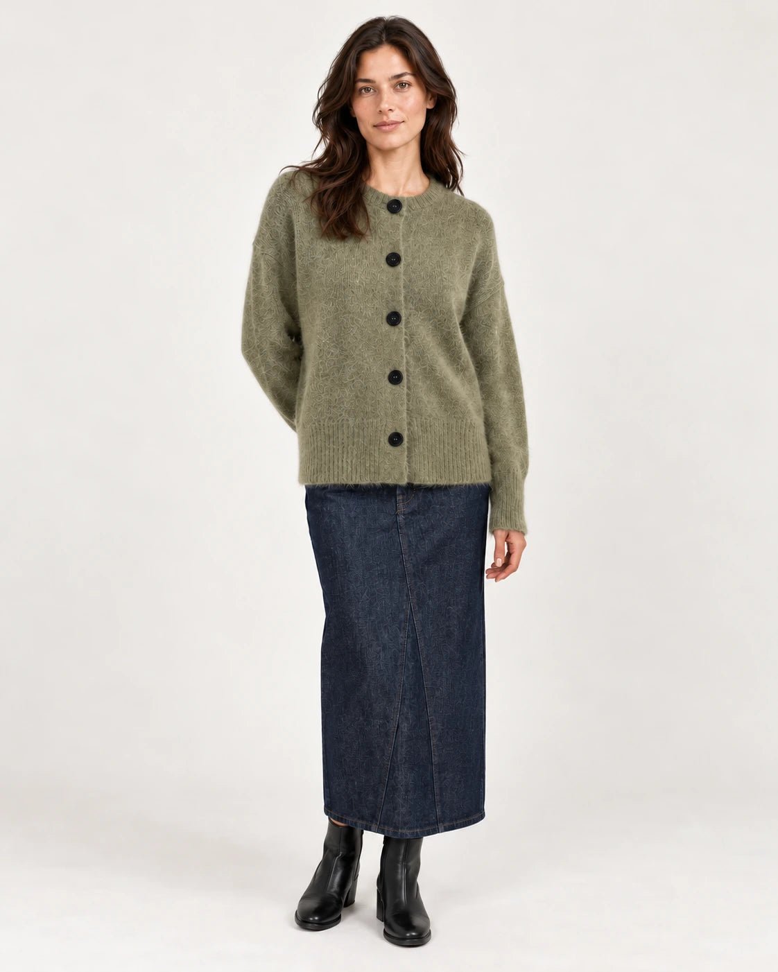 Cardigan verde oliva, vista frontale - MADAME VENICE - FW25 - SOFIA - SUMATRA #Colore_Olive