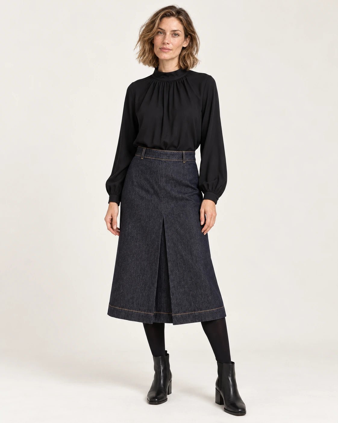 Gonna faldone blu rinse, vista frontale - MADAME VENICE - FW25 - NORA - DENIM #Colore_Blue rinse