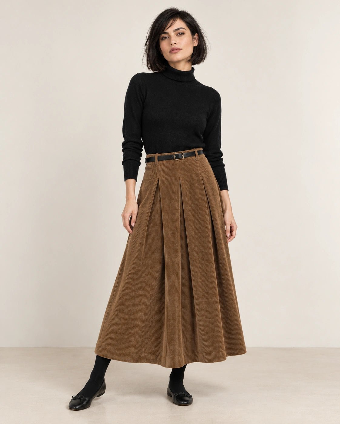 Gonna faldoni tabacco, vista frontale - MADAME VENICE - FW26 - NIVES - VELVET SWEET #Colore_Tabacco