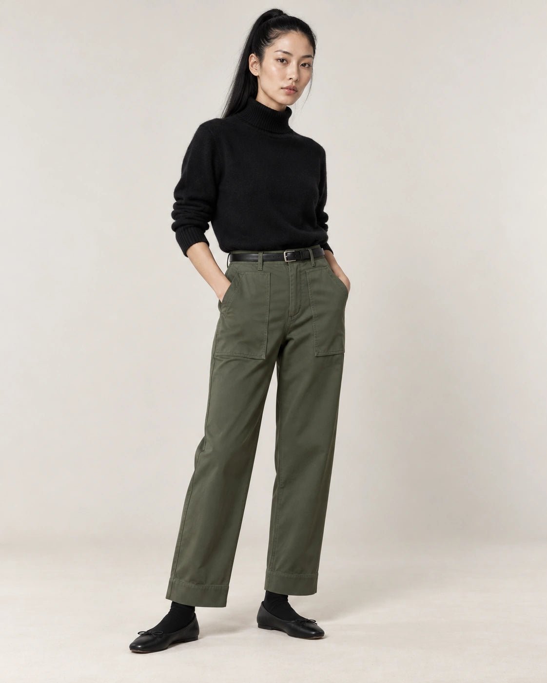 Panatlone fatigue verde, vista frontale - MADAME VENICE - FW26 - PATTY - GABARDINA #Colore_Verde