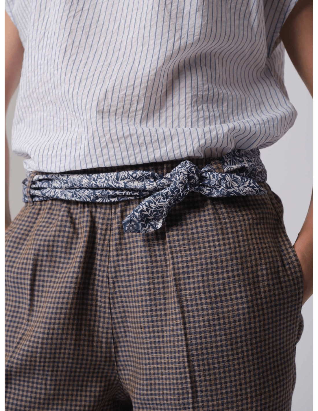 Pantalone elastico caviglia - MADAME VENICE - SS25 - PAOLA - CHECK LINO - BLU - XS