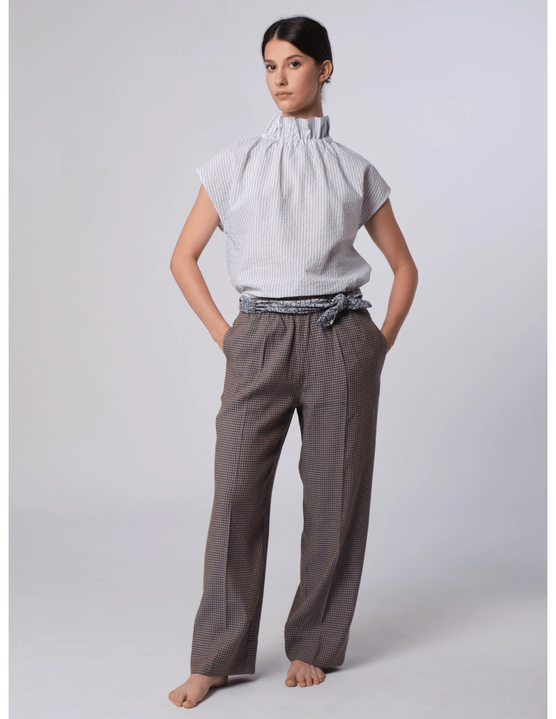 Pantalone elastico caviglia - MADAME VENICE - SS25 - PAOLA - CHECK LINO - BLU - XS