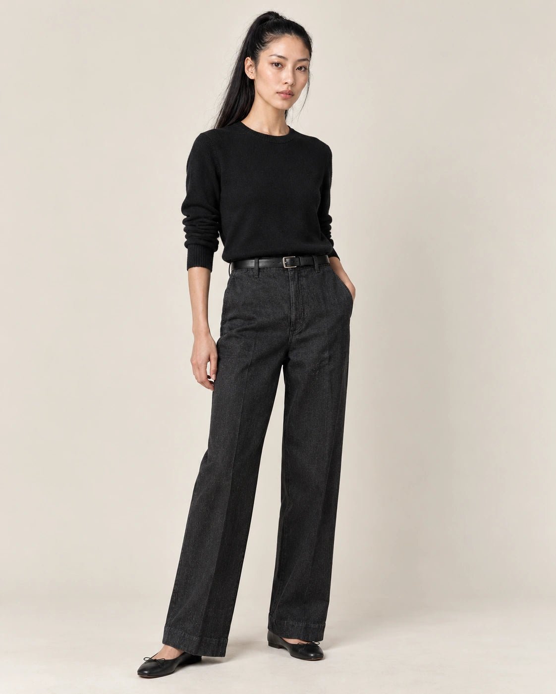 Pantalone palazzo nero, vista frontale - MADAME VENICE - FW26 - PRISCILLA - DENIM STRETCH #Colore_Nero