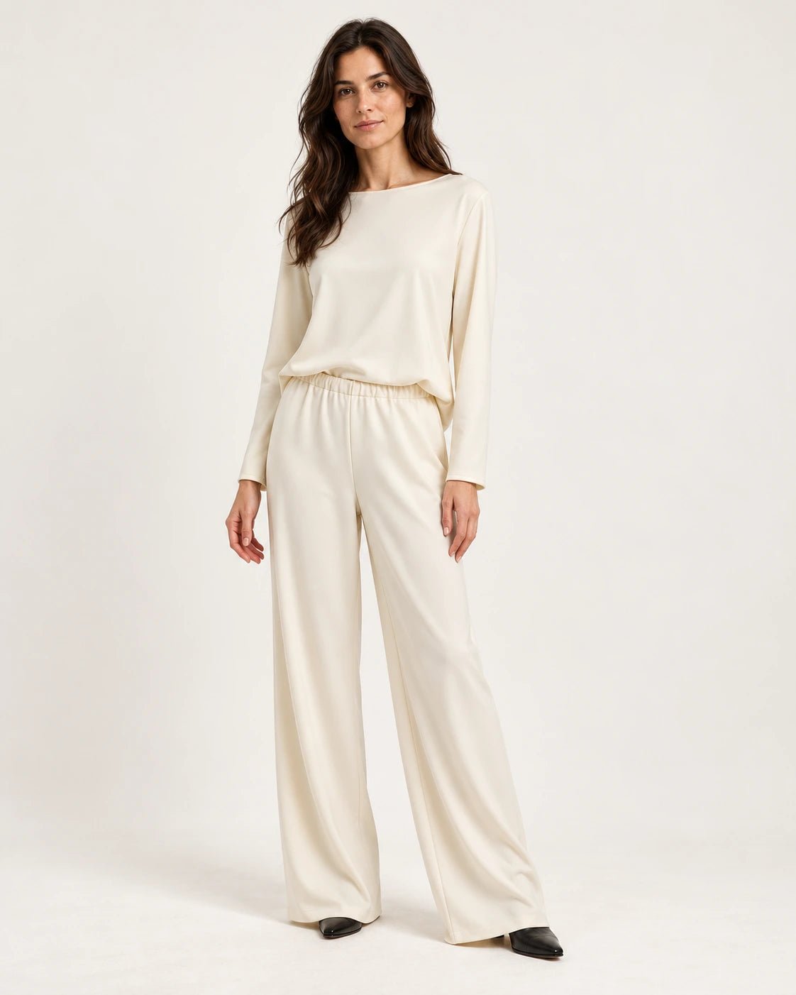 Pantalone palazzo naturale, vista frontale - MADAME VENICE - FW25 - PEONIA - JERSEY TECNICO #Colore_Natural