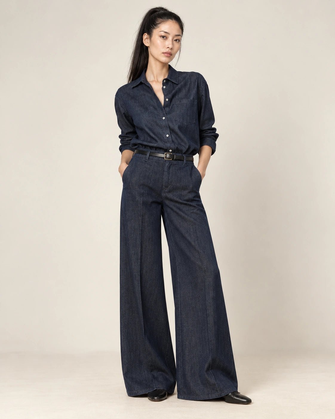 Pantalone palazzone blu, vista frontale - MADAME VENICE - FW26 - PANAMA - DENIM STRETCH #Colore_Blu