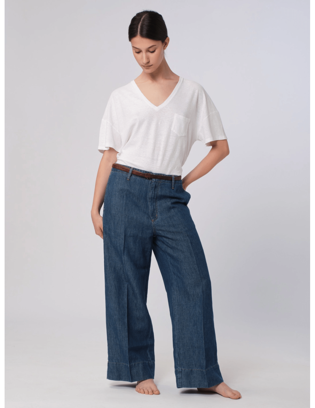 T-shirt scollo v - MADAME VENICE - SS25 - MATILDE - JERSEY LINO - BIANCO - XS