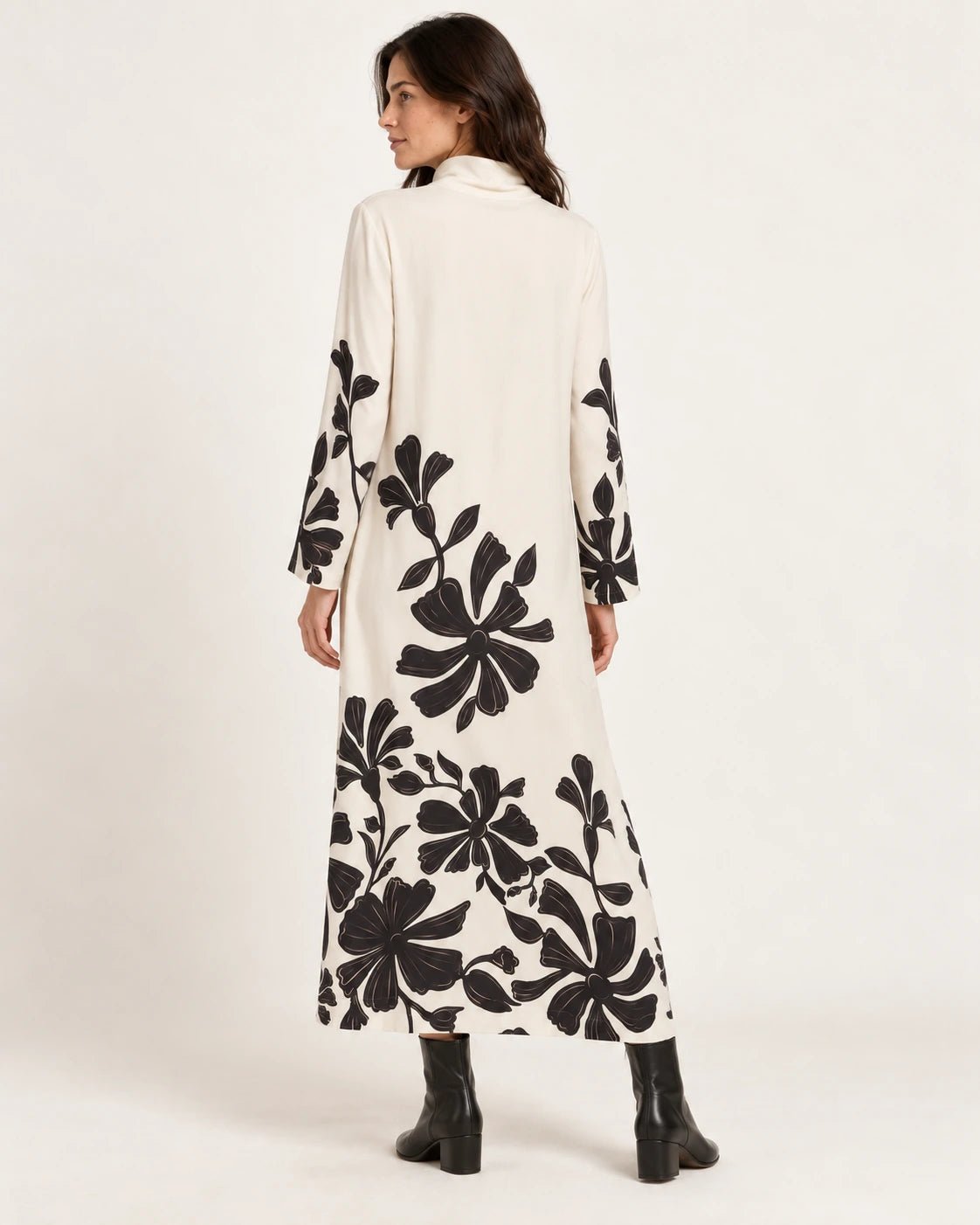 Abito a collo alto fantasia frill naturale, vista posteriore - MADAME VENICE - FW25 - AGNESE - ECOVERO PRINT #Colore_Frill natural