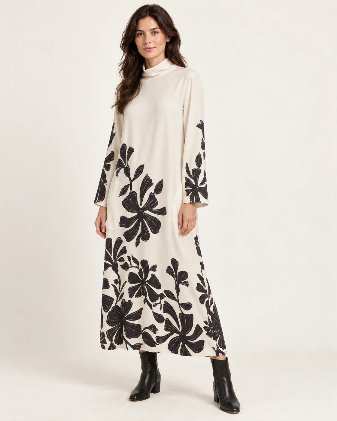 Abito a collo alto fantasia frill naturale, vista frontale - MADAME VENICE - FW25 - AGNESE - ECOVERO PRINT #Colore_Frill natural