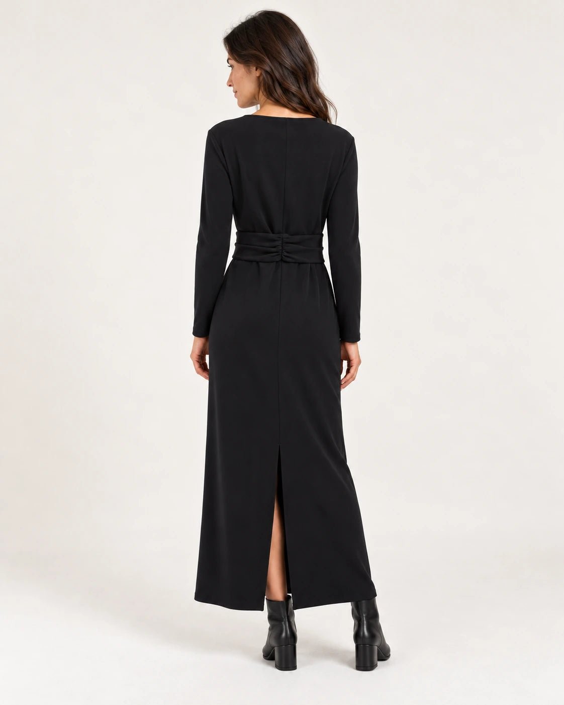 Abito lungo intrecciato nero, vista posteriore - MADAME VENICE - FW25 - ANGELA - JERSEY TECNICO #Colore_Black