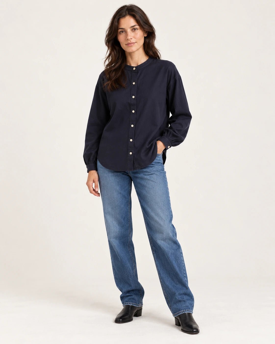 Camicia coreana blu, vista frontale - MADAME VENICE - FW25 - CHARLOTTE - COTTON BIO #Colore_Blue