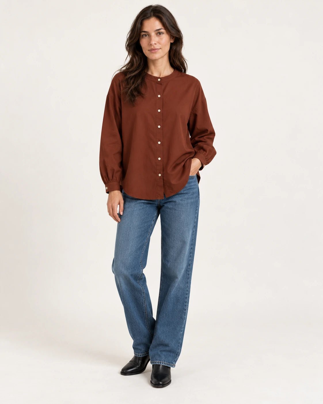 Camicia coreana ruggine, vista frontale - MADAME VENICE - FW25 - CHARLOTTE - COTTON BIO #Colore_Rust
