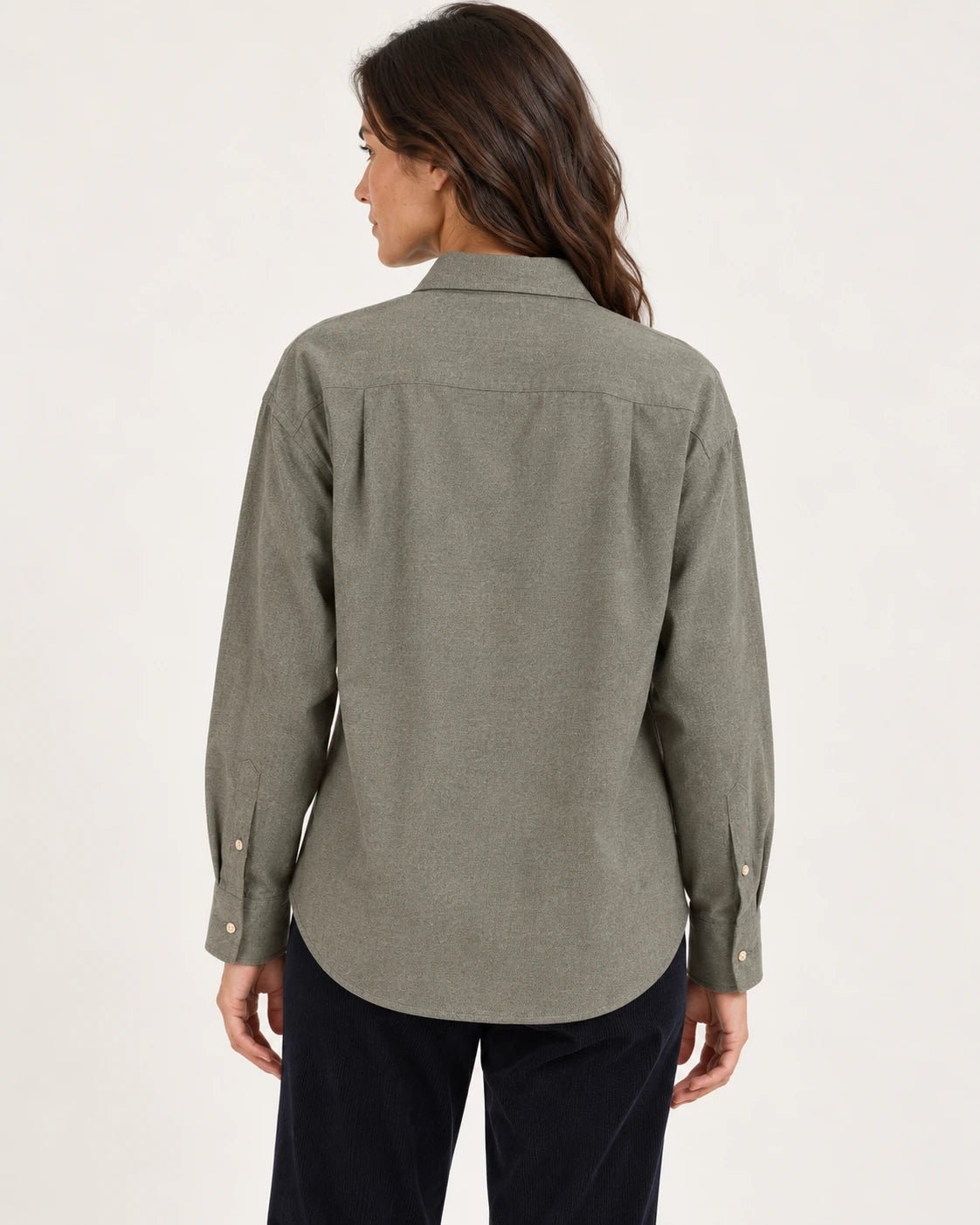 Camicia over verde oliva, vista posteriore - MADAME VENICE - FW25 - CAROLA - TWILL MELANGE #Colore_Olive