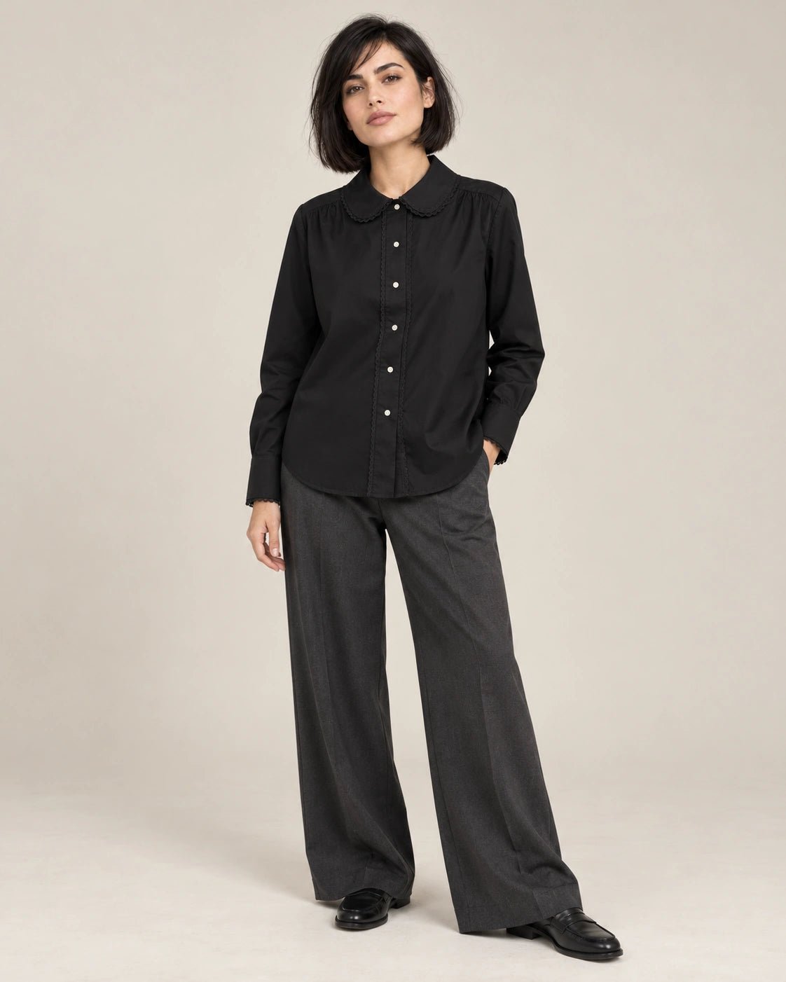 Camicia pizzo nero, vista frontale - MADAME VENICE - FW26 - CRISTIANA - POPELINE #Colore_Nero