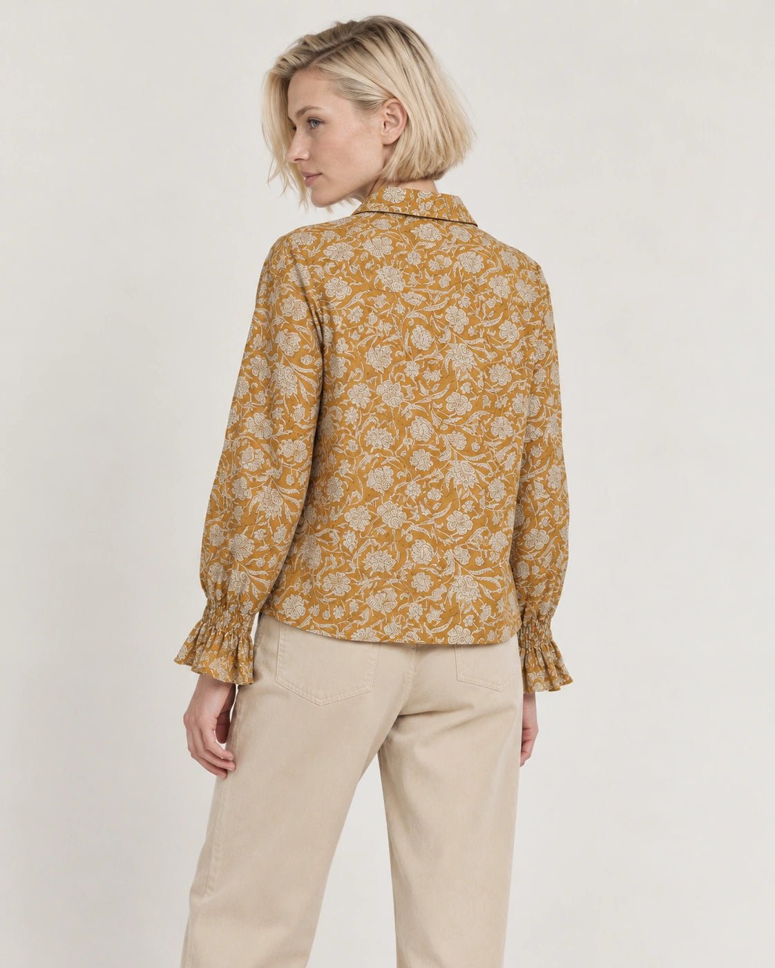 Camicia rever senape, vista posteriore - MADAME VENICE - FW26 - CHANTAL - PORTOGALLO FIORI #Colore_Senape
