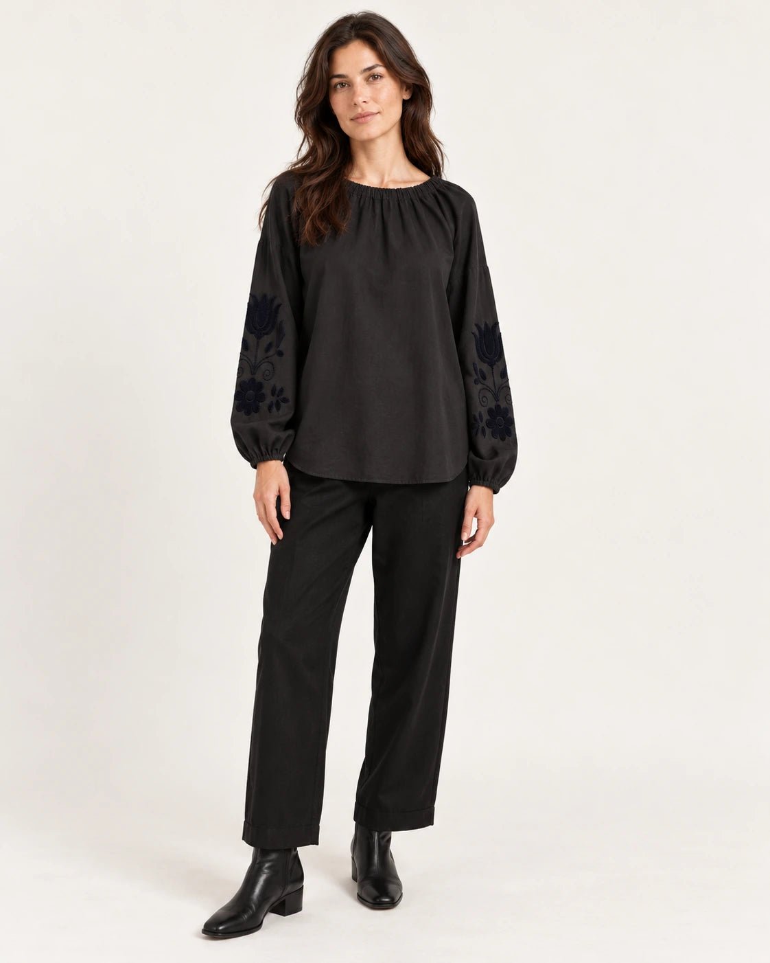 Camicia ricamo manica nero, vista frontale - MADAME VENICE - FW25 - CRISTINA - COTTON BIO #Colore_Black