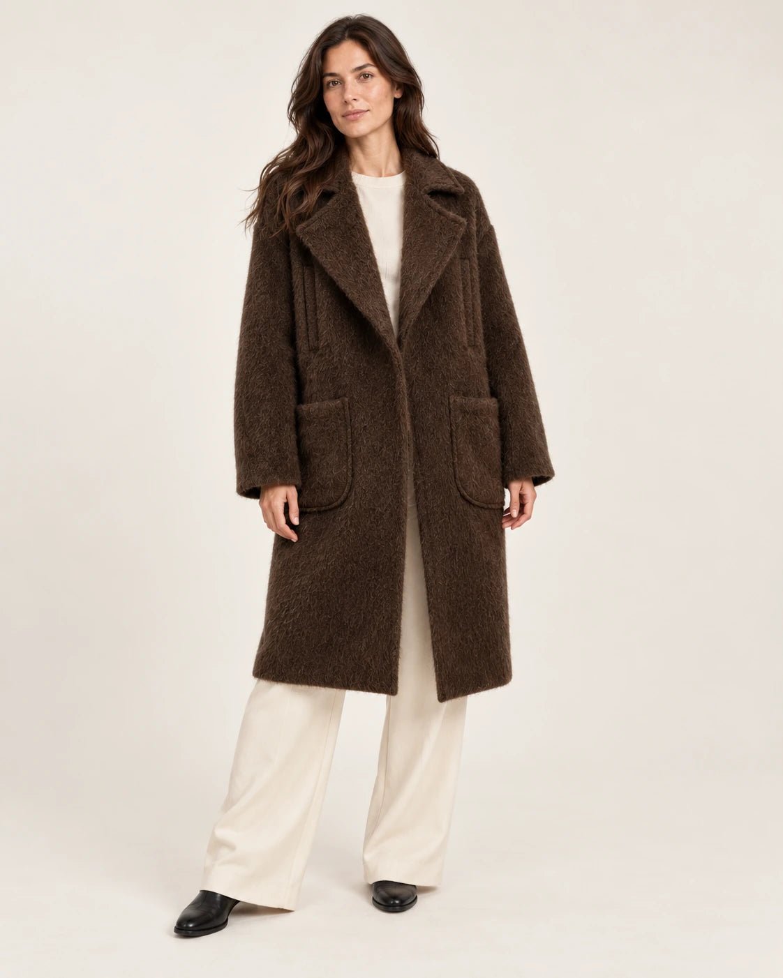 Cappotto foderato marrone, vista frontale - MADAME VENICE - FW25 - GENNY - WOOL BRUSH #Colore_Brown