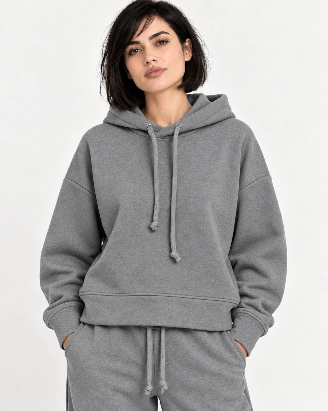 Felpa cappuccio grigio scuro, dettaglio del capo - MADAME VENICE - FW26 - MONIQUE - FELIX #Colore_Grigio Scuro