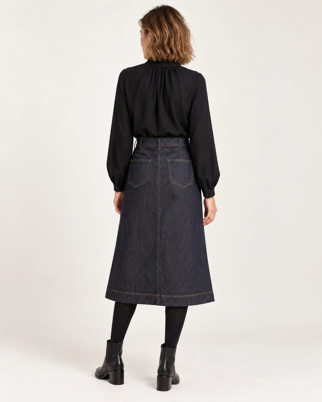 Gonna faldone blu rinse, vista posteriore - MADAME VENICE - FW25 - NORA - DENIM #Colore_Blue rinse