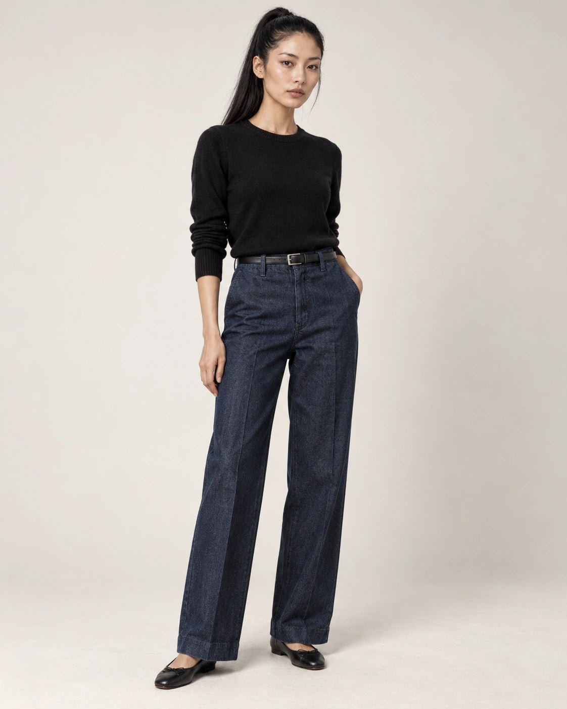 Pantalone palazzo blu, vista frontale - MADAME VENICE - FW26 - PRISCILLA - DENIM STRETCH #Colore_Blu
