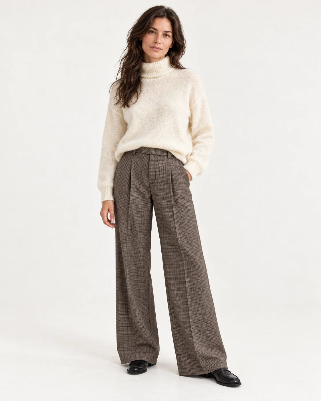 Pantalone palazzo pence marrone, vista frontale - MADAME VENICE - FW25 - PERLA - CHECK BARN #Colore_Brown