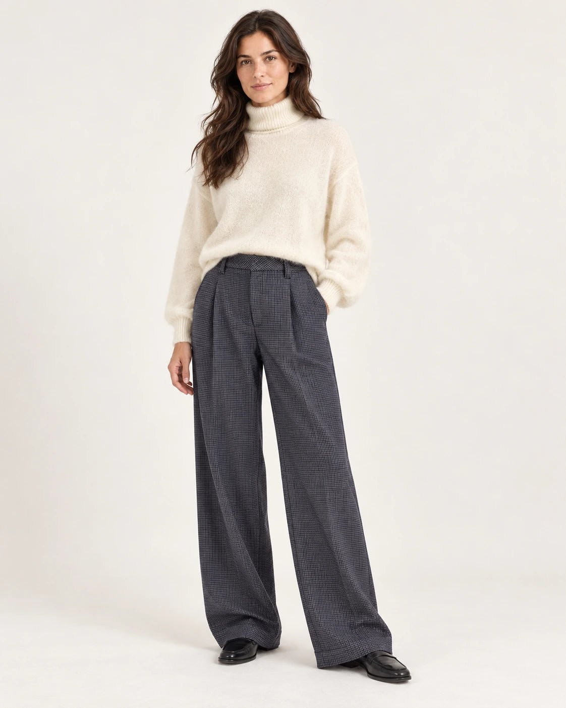 Pantalone palazzo pence blu, vista frontale - MADAME VENICE - FW25 - PERLA - CHECK BARN #Colore_Blue