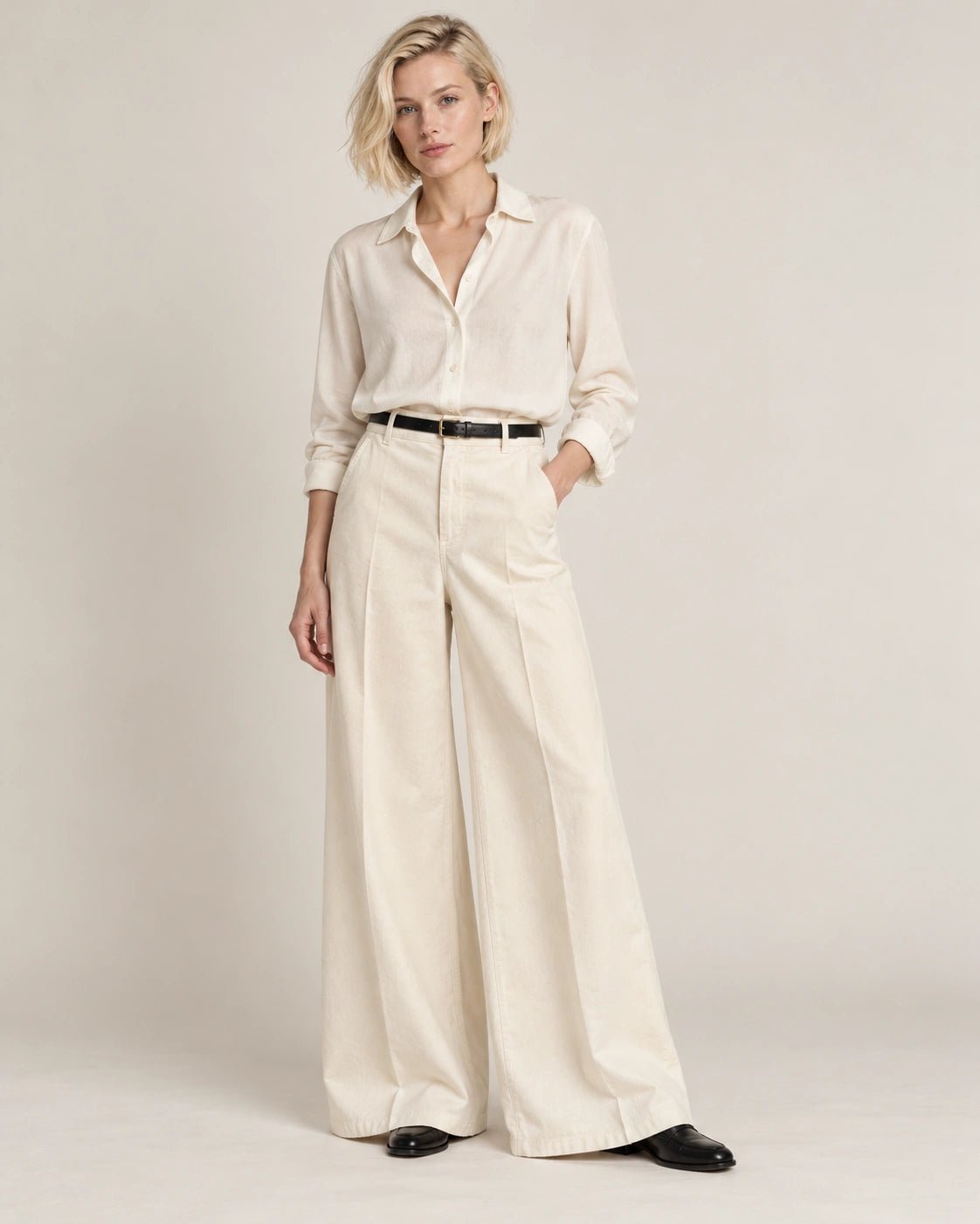 Pantalone palazzone naturale, vista frontale - MADAME VENICE - FW26 - PANAMA - VELLUTO 2000 #Colore_Naturale
