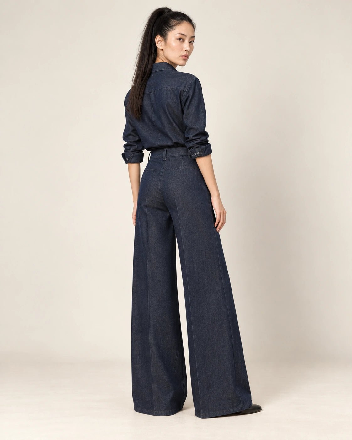 Pantalone palazzone blu, vista posteriore - MADAME VENICE - FW26 - PANAMA - DENIM STRETCH #Colore_Blu