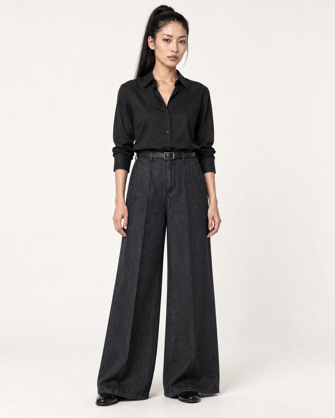 Pantalone palazzone nero, vista frontale - MADAME VENICE - FW26 - PANAMA - DENIM STRETCH #Colore_Nero
